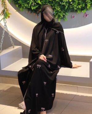 Black Embroidered Georgette Bow Abaya | Front Open Stoller Abaya for Girls – Husnezara