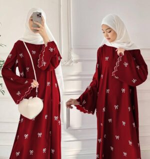 Product CopyGeorgette Embroidered Bow Abaya | Classic Full-Length Abaya for Women – Husnezara (Maroon, Blue, Black)