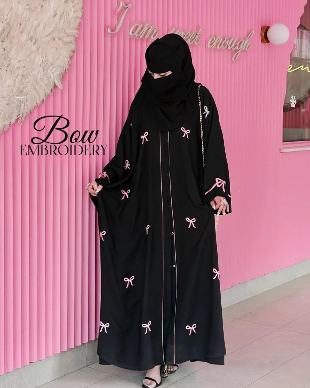 2025/07/e19c0043-f12b-4b3d-9cfd-e8e1567b448f.jpeg Black Embroidered Georgette Bow Abaya | Front Open Stoller Abaya for Girls – Husnezara - Image 2